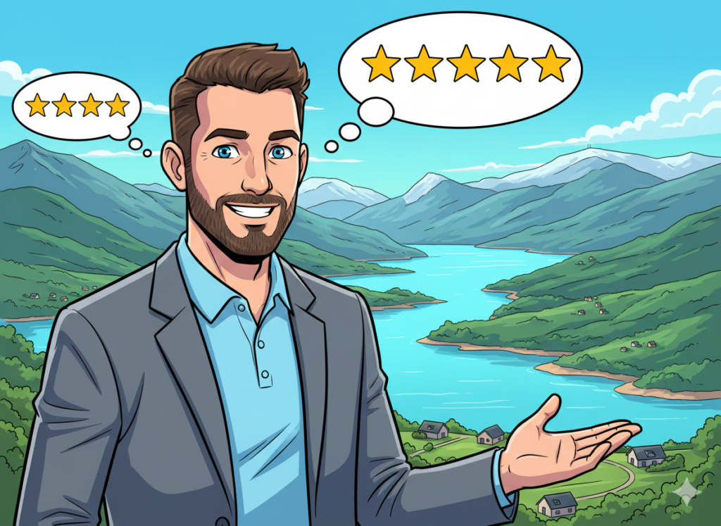 mon personnage qui me reprensente en mode cartoon, lac en arriere plan et montagnes d'EMBRUN